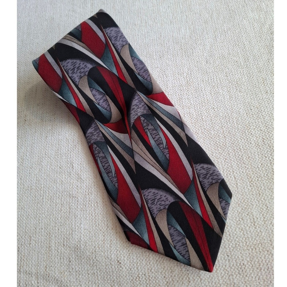 Vintage Art Deco Silk Necktie 90s Stonehenge Maximalist Geo Abstract Made in USA